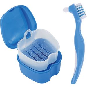 Alyze Gebitsbakje + borstel - Blauw - Voor prothese - Beugel - Kunstgebit - Bakje - Gebittenbakje