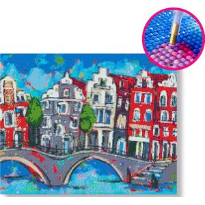 De vrolijke gracht 2 | Diamond painting | 30x40cm | Ronde steentjes | Op frame gespannen | Vrolijk Schilderij | Corrie Leushuis