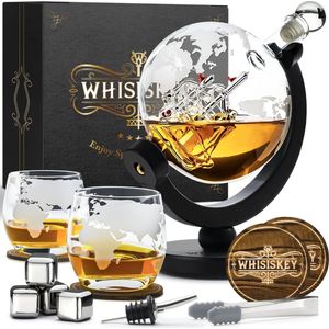 Whisiskey Whiskey Karaf - Wereldbol - Luxe Whisky Karaf Set - 0,9 L - Decanteer karaf - Whiskey Set - Incl. 4 RVS Whiskey Stones, 2 Whiskey Glazen & Extra Accessoires - Vaderdag cadeau geschenk - Vaderdag cadeaupakket