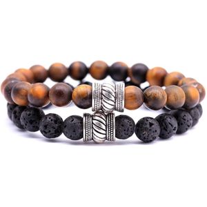 FortunaBeads - Bali Set Mat – Bruin Tijger Oog x Lava – Heren – Armband - 18cm
