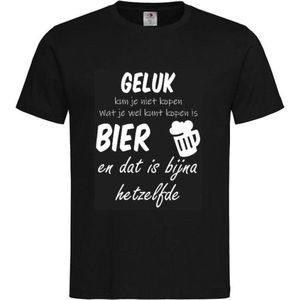 T-shirt Unisex Volwassenen Lol - carnaval - kermis - feestje - grappig Tekst ""Geluk kun je niet kopen Bier wel en dat is bijna hetzelfde"" Op Voorkant | korte mouw | Zwart/wit | maat XXL