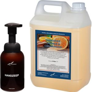 Zeepdispenser 300 ml amber bruin hervulbaar + 5 liter Handzeep Sweet Orange & Cedarwood navulling