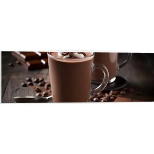 PVC Schuimplaat- Chocomel - Chocolade - Cacoa - Drtinken - eten - Lepel - Glazen - 90x30 cm Foto op PVC Schuimplaat