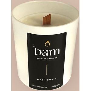 BAM kaarsen -Zwarte Orchidee geurkaars met houten wiek in een wit potje - op basis van zonnebloemwas - cadeautip - geschenk - vegan