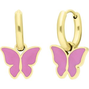 Lucardi Kinder Stalen goldplated oorbellen met vlinder roze - Oorbellen - Staal - Goudkleurig