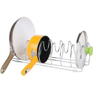 mDesign - Potten en pannenrek- metalen beugel voor het opbergen van kookgerei - vrijstaande standaard voor pannen, potten, deksels en servies - chroom