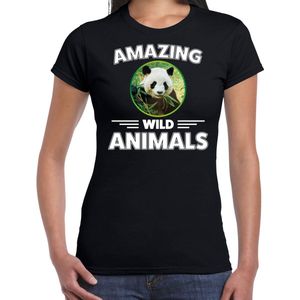 T-shirt panda - zwart - dames - amazing wild animals - cadeau shirt panda / pandaberen liefhebber XS