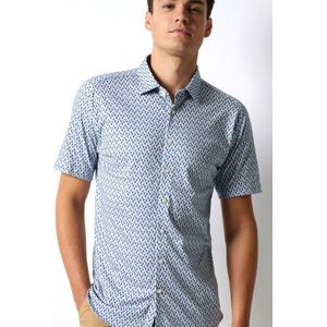 Desoto - Short Sleeve Jersey Overhemd Print Blauw - Heren - Maat M - Slim-fit