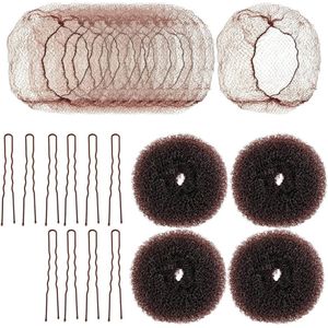 JHubers Goods - Donutknotmakerset voor kinderen - Haarknotmaker met onzichtbaar haarnet - U-vormige haarspeld - 24 stuks - Accessoires voor opsteekkapsels - Balletdanseres - Krullend haar - Kort en dun haar