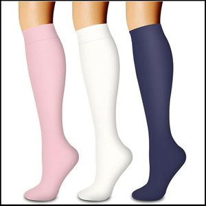 3-compressie sokken voor vrouwen - Sportcompressiekousen - Lange compressiekousen voor dames - vrouwen compressiekousen - Rekbare compressiekousen - voor hardlopen, atletische, reizen-Roze/wit/marineblauw-L/XL