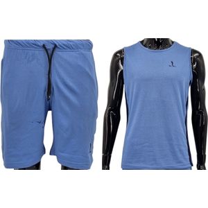 Hitman – Korte Broek Heren - 2 Delige Set - Korte Broek met Ritszakken - Sportkleding Heren - Huispak Heren - 100% Katoen - 1 x Korte Broek en 1 x Heren Hemd - Licht Blauw – Maat M