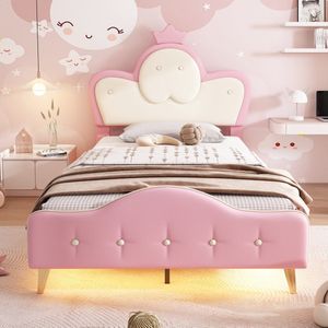 Gestoffeerd kinderbed - Eenpersoonsbed met LED-strip en zachte beschermranden - golvend hoofdeinde met kroon - metalen bedpoten - PU-stof - prinsessenbed 90x200cm - roze + wit