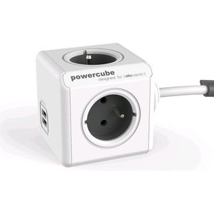 DesignNest - PowerCube Extended Duo USB - 1.5m kabel - Wit/Grijs - 3 stopcontacten - 2 USB laders - Type E met aardepin (België)