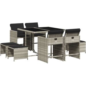 vidaXL 9-delige Tuinset - Poly Rattan - Lichtgrijs Tuinset - Lounge Set - Buitendecoratie - Eetkamerset - Patio Furniture