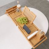 Bamboe - Uitschuifbaar Badrekje - Bamboe Kleur - Met Boekenhouder en Plaats voor Kaars en Glas Wijn