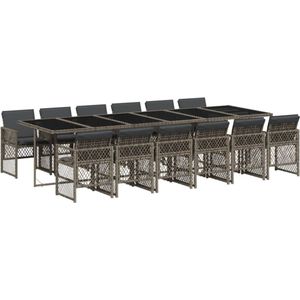 The Living Store 13-delige Tuinset met kussens poly rattan grijs - Tuinmeubel - Tuinset - Buitendecoratie - Lounge Set - Eetkamerset