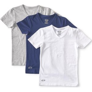 Little Label - v-neck t-shirt 3-pack - grijs blauw wit 98-104 - maat: 98/104 - bio-katoen
