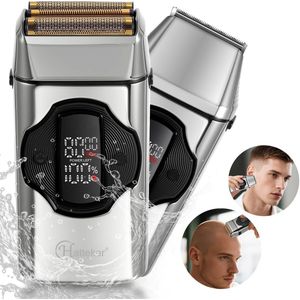 Hatteker Elektrisch Scheerapparaat voor Mannen – 2-in-1 Scheer- en Trimgapparaat – Tondeuse – Foliescheerapparaat met 3 Snelheidsstanden en Oplaadbasis – IPX7 Waterdicht – Magnetische Scheerkop – Zilver