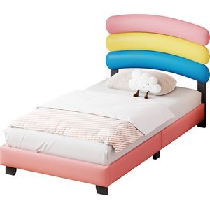 Merax Kinderbed 90x200cm - Kunstleer Gestoffeerd Bed - Regenboog Hoofdbord - Roze