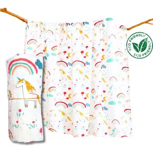 Duopack 2x BoefieBoef Regenboog Eenhoorn Grote XL Hydrofiele Doek Baby - Duurzaam Eco Bamboe | Swaddle, Inbakerdoek, Hydrofiele Luier & Babydeken - Wit Gekleurd Sprookje