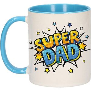 Super dad cadeau koffiemok / theebeker wit en blauw met sterren - 300 ml - keramiek - Vaderdag - cadeau / bedankje dad
