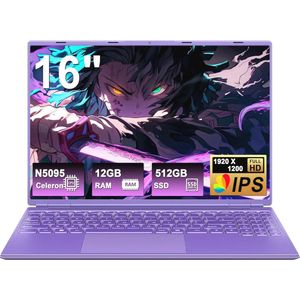 Laptop 16 inch 12 GB RAM 512 GB ROM 2,5"" 1 TB SSD, Windows 11, 4-Core CPU, 5G WiFi, Bluetooth