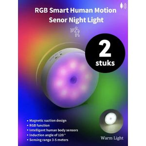 2 stuks Smart sensor - Led light RGB en Warm wit - Nachtlampje - Bewegingssensor - Magnetische montage - Draadloos.