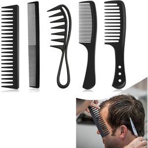5-delige set - haarkammenset, kam met grote tanden, krulkam, antistatische stylingkam, kapperskam (zwart)