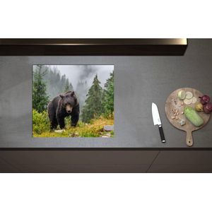 Inductieplaat Beschermer - Bruine beer in bos met grote bomen en bergen - 58x52 cm - 2 mm Dik - Inductie Beschermer - Bescherming Inductiekookplaat - Kookplaat Beschermer van Zwart Vinyl