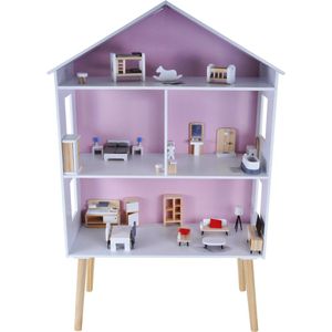 Bandits & Angels houten poppenhuis Modern Villa - 3 jaar - 115,5 cm hoog - inclusief 47 meubeltjes - roze/wit