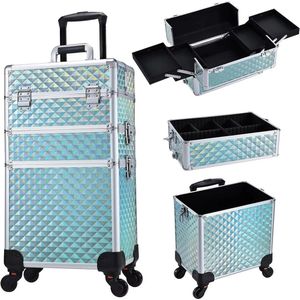 Make-Up Trolley Koffer - Blauw - 3in1 - Cosmetica Rolkoffer - 34x24x93 cm Hoog - Multifunctioneel Beauty Case