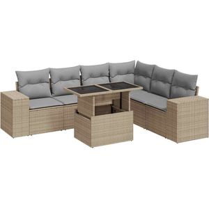 vidaXL Tuin Bankstel - Tuin Bankstellen - Buiten Bankstel - Patio Bankstel - 7-delige Loungeset met kussens poly rattan beige