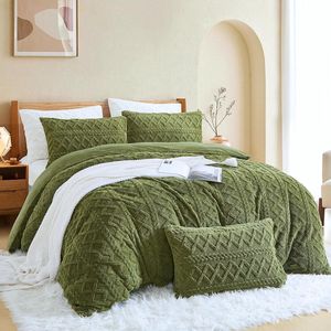 Fleece winterbeddengoed, 2x 135 x 200 cm, 2x kussens, 4-delig, groen, warm, kasjmier, touch, menkala, pluche dekbedovertrek, pluizig konijnenbont, fleece, microvezel, groen, winterbeddengoed met ritssluiting