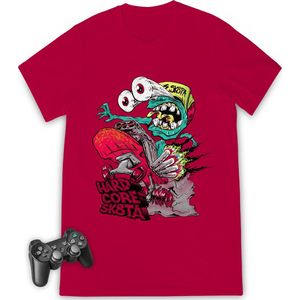 Jongens tshirt met print - Streetwear skatebord opdruk - Maat 116 t/m 164 - T shirt kleuren: wit, turquoise en rood.