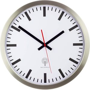 Draadloze Wandklok - 40 Cm Roestvrijstalen Behuizing Zilver - Echt Glas - Stationwijzerplaat - Automatische Tijd En Tijdverandering - Wandklok Voor Woonkamer Of Kantoor - Rood