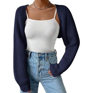 Dames Open Voorkant Geribbelde Gebreide Crop Bolero met Lange Mouwen