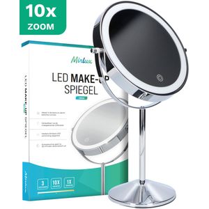 Mirlux Make Up Spiegel met LED Verlichting - 10x Vergroting – Scheerspiegel - 3 Lichtstanden - Oplaadbaar - Chroom