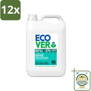 Ecover - Vloeibaar wasmiddel - Universeel - Kamperfoelie & Jasmijn - 5 liter - 100 wasbeurten - Voordeelverpakking - 12 stuks - Plantaardig wasmiddel - Vlekkenverwijderaar