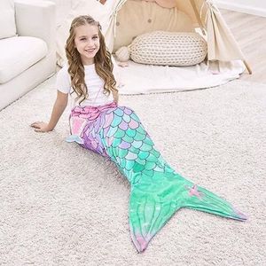 Zeemeerminstaart, zachte zeemeerminnendeken voor kinderen meisjes, 140 x 60 cm, zachte flanel, zeemeerminnen, draagbare deken voor tieners, cadeau voor verjaardag, roze en groen