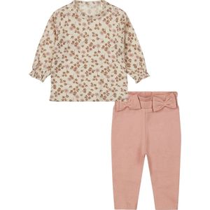 Dirkje - Basic Collection - BIO COTTON - Broek met 2 strikjes light pink- Shirt met bloemen - Maat 74