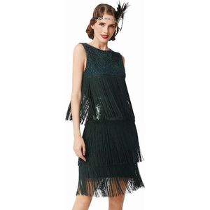 Charleston-jurk voor dames - Knielengte - Jaren 20 flapper stijl - Gatsby-kostuum - Donkergroen - Maat XS