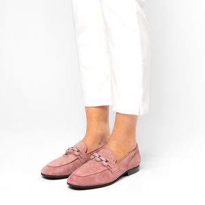 Manfield - Dames - Roze suède loafers met chain - Maat 38