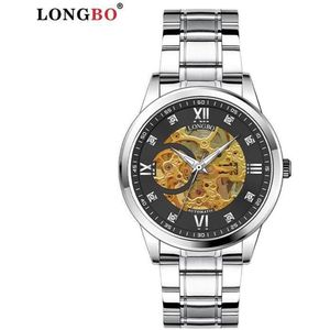 Longbo - Unisex Horloge - Skeleton - Zilveren Stalen Band - Zilver/Zwart/Goud - 40mm - Automatic (Productvideo)