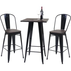 Cosmo Casa Statafel + 2x Barkruk - Inclusief houten tafelblad - Barkruk bartafel - Metaal industrieel ontwerp - Zwart