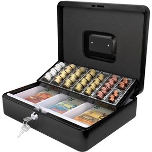ACROPAQ Geldkistje - Geldkist met sleutel, 30 x 24 x 9 cm, Metaal - Geldkluis met muntsorteerder, Geldlade - Zwart