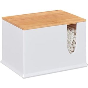 Wattenstaafjes houder met deksel, acryl en bamboe, 4 bakjes, wit, voor badkamer of kaptafel, 10 x 15 x 11 cm