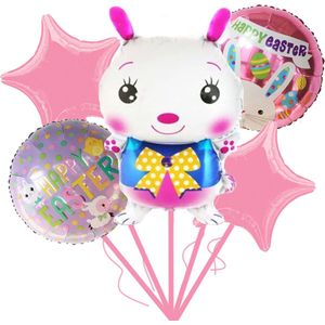 Loha-party®Paasdecoratie Ballon-vrolijk pasen-Feestartikelen-konijntje met gele vlinderdas-Kuikentje Folie Ballon-Schaarp Folie Ballon-Easter-Lente -Happy Easter-Konijn-Roze Folie Ster-Feestpakket-Versiering-Decoratie