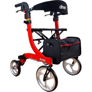 Rollator Nitro Small - Rood - Opvouwbaar - Lichtgewicht - Grote Voorwielen - Inclusief Rugsteun en Stokhouder