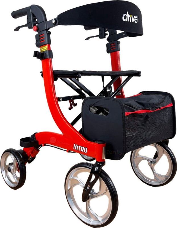 Rollator Nitro Small - Rood - Opvouwbaar - Lichtgewicht - Grote Voorwielen - Inclusief Rugsteun en Stokhouder