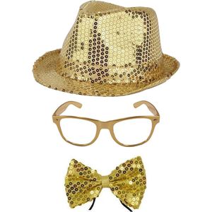 Toppers in concert - Folat Verkleedkleding set hoed/strikje/bril goud glitter volwassenen